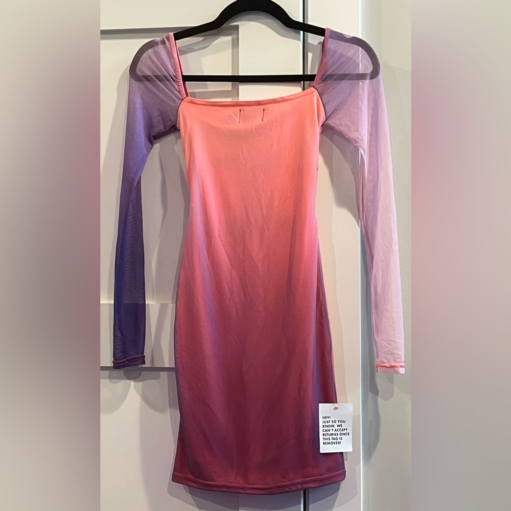 NWT ASOS Design Mesh Cut Out Mini Dress in Purple Orange Colorblock - Size 0 - Picture 3 of 5